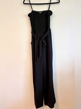 Monteau Black Smocked Ruffle-Neck Jumpsuit